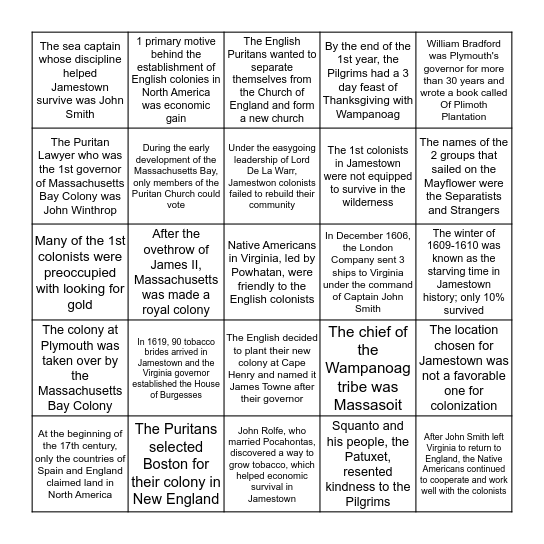 History Lessons 9 & 10 Bingo Card