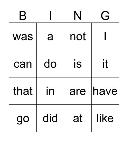 Sight Word Bingo Card