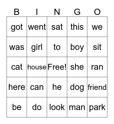 Snap Word Bingo Card