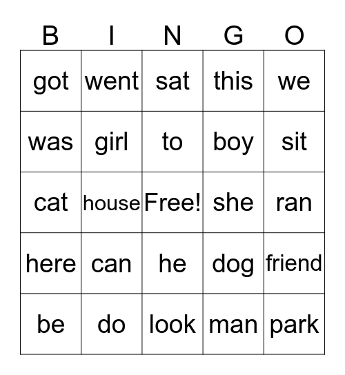 Snap Word Bingo Card