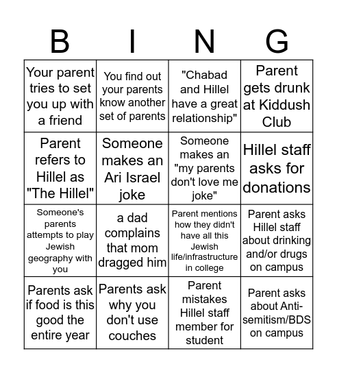 Parents Weekend Bingo Card