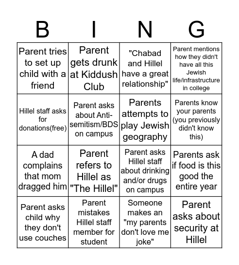 Parents Weekend Bingo Card