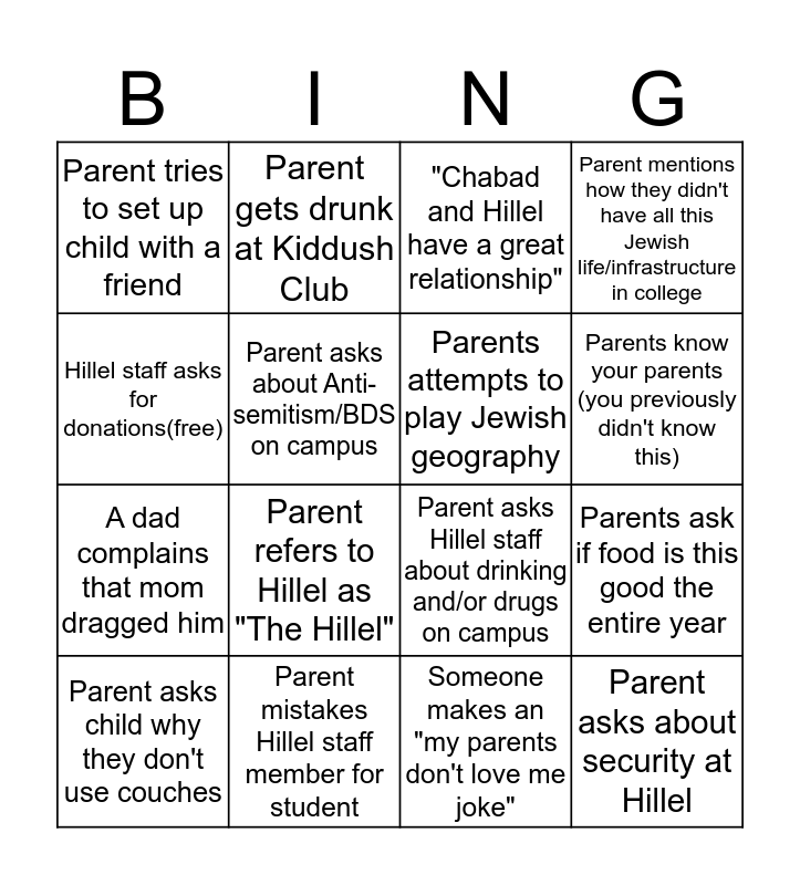 Parents Weekend Bingo Card