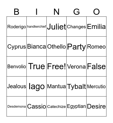 Othello / R&J Bingo Card