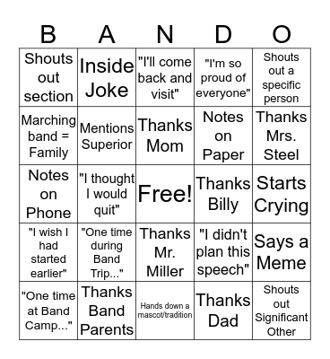 Senior Speech Bando Bingo Card