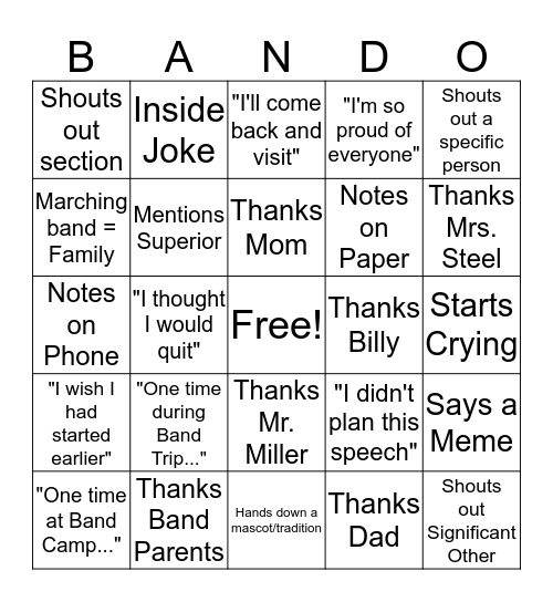 Senior Speech Bando Bingo Card