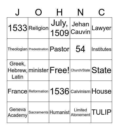 Calvin Games Bingo Card