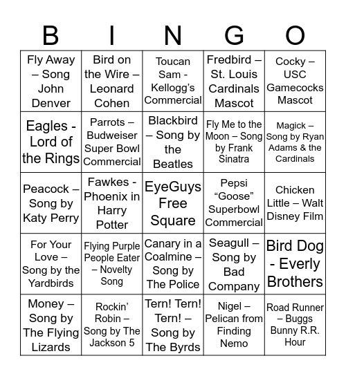 Bird Bingo Grand Prize Bingo Card