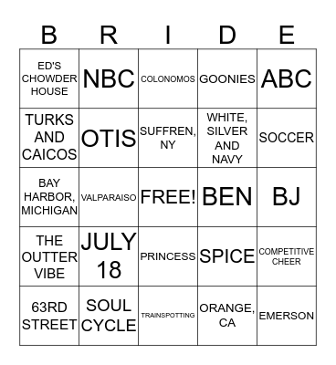 Ginger Zee Bridal Bingo Card