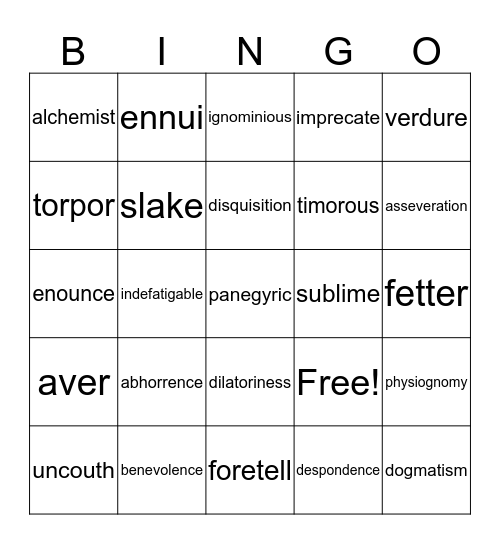 Frankenstein vocabulary Bingo Card