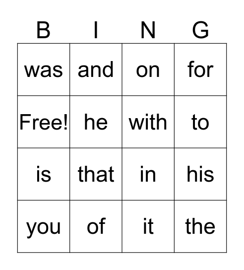 Sight Word  Bingo Card