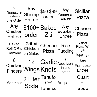 Spring Lake Pizzeria Bingo Card