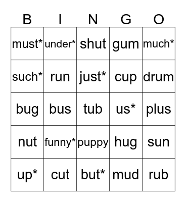 Short U Words Bingo Card