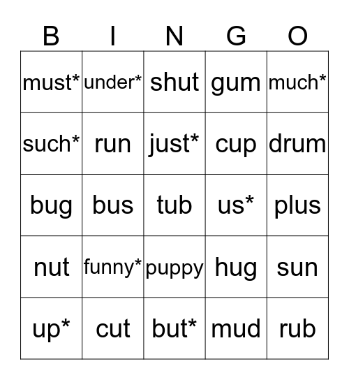 Short U Words Bingo Card