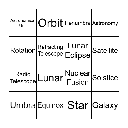 Astronomy Vocab Bingo Card