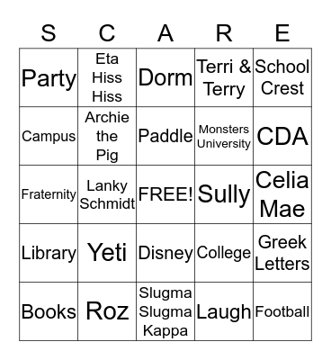 Monsters University Bingo Card