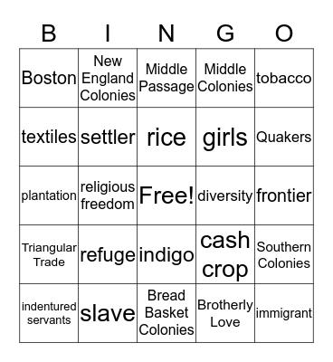 Colonial Life Bingo Card