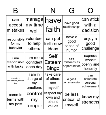 Self-Esteem Bingo Card