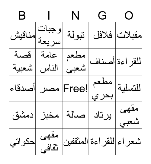 المطاعم والمقاهي في الوطن العربي Bingo Card