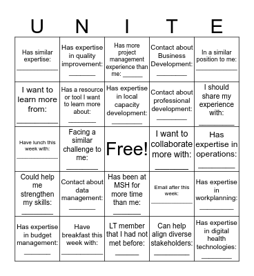 MSH Global Conference 2019 Bingo Card