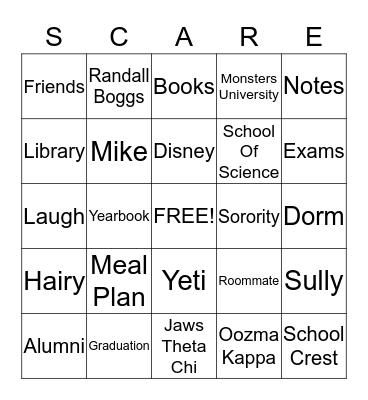 Monsters University Bingo Card