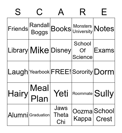 Monsters University Bingo Card