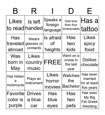 Bridal Bingo Card