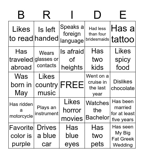 Bridal Bingo Card