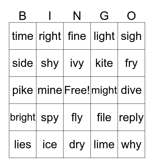 Long i words Bingo Card