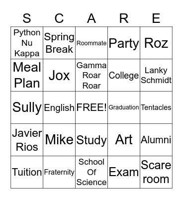 Monsters University Bingo Card