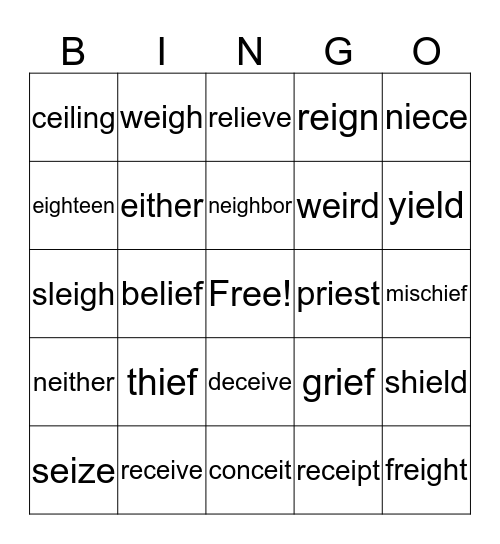 Word Sort "i before e except after c" Bingo Card