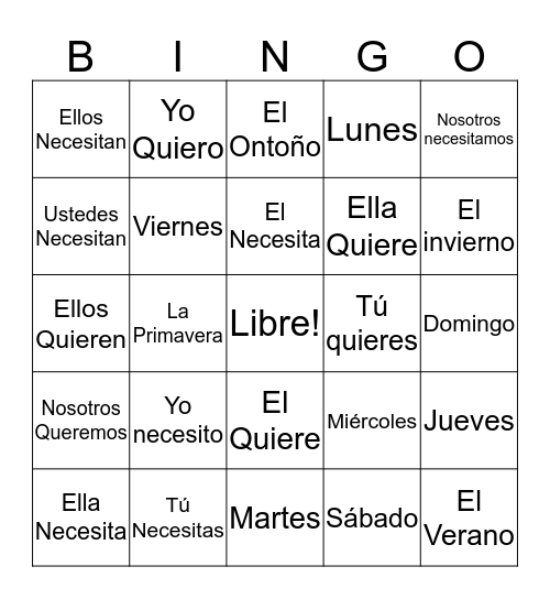 Querer-necesitar-días Bingo Card