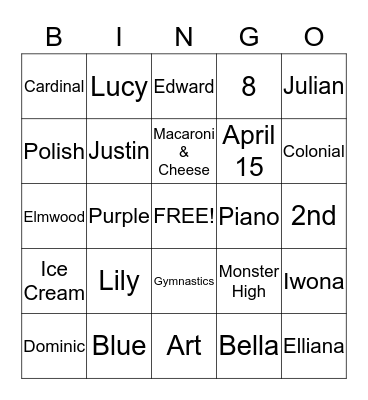 Nicolina's Birthday Bingo Card