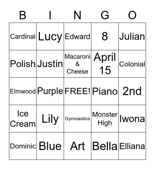 Nicolina's Birthday Bingo Card