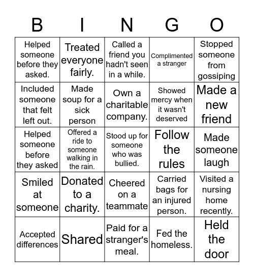 Kindness Bingo Card