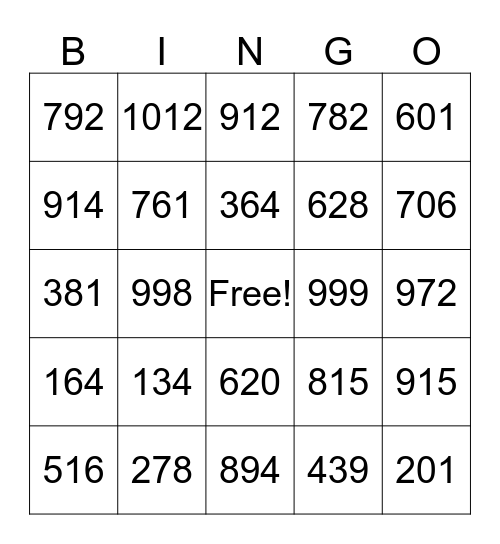 Mental Math Bingo Card