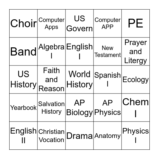 Required Classes Freshman Only Bingo Card