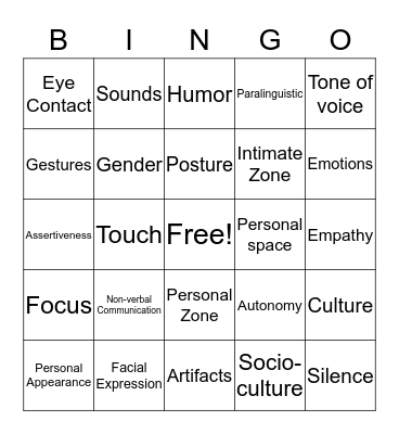 Non-Verbal Communication Bingo Card