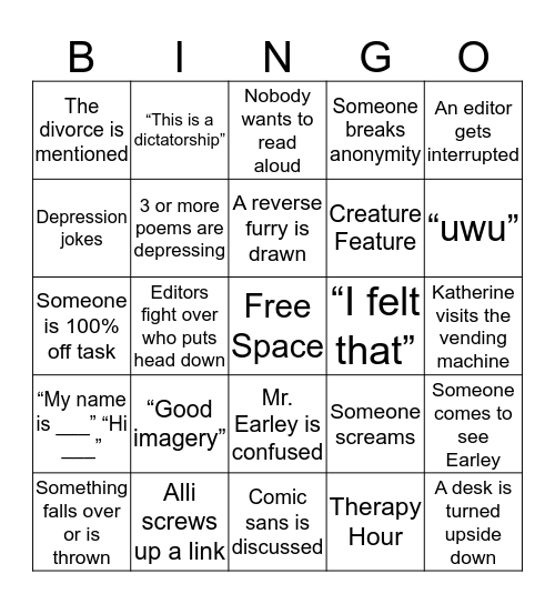 Soliloquy Bingo Card