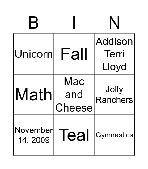 All About Addison Bingo Card