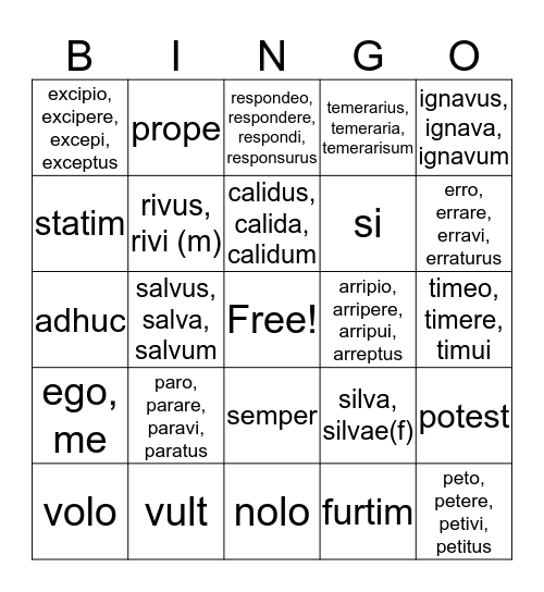 Latin Vocabulary Wk 8 Bingo Card