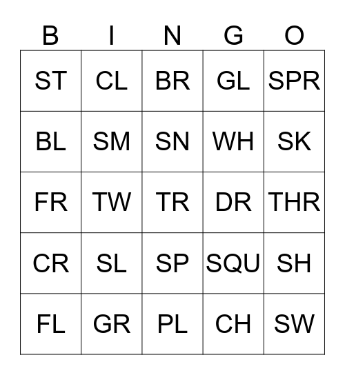 Consonant Blends Bingo Card