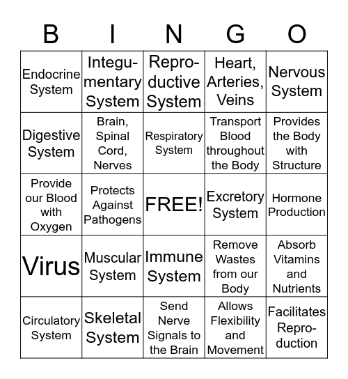Body System Bingo Card