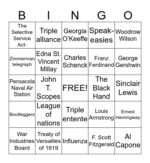 WWI and the 1920s Bingo Card