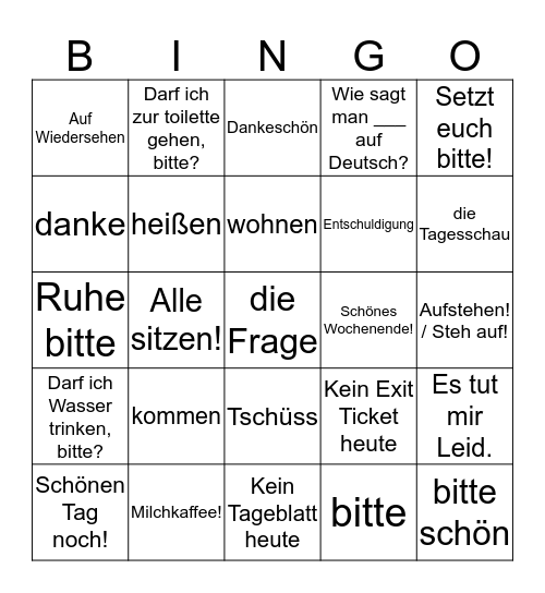 German Classroom Vocab Bingo Card