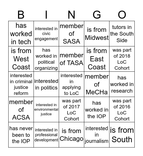Get to know your PoC community! Bingo Card