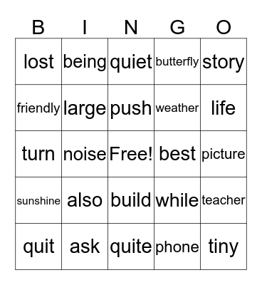 2B Tricky Words Bingo Card