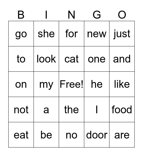 Sight Words Bingo Card