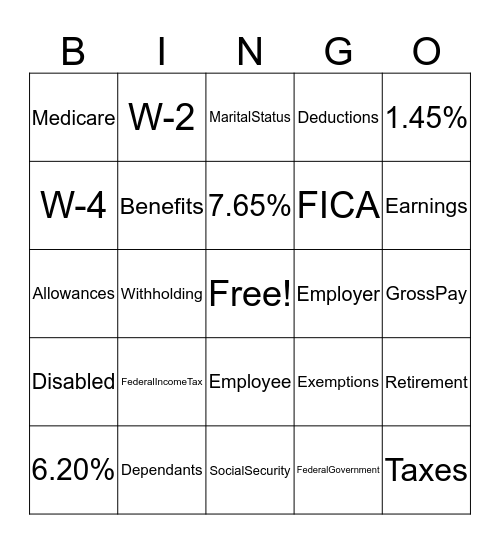 Understanding Taxes Bingo Card