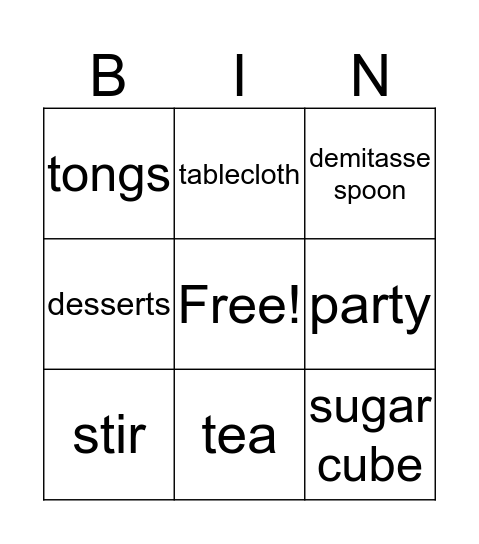 Tea Party Bingo Card